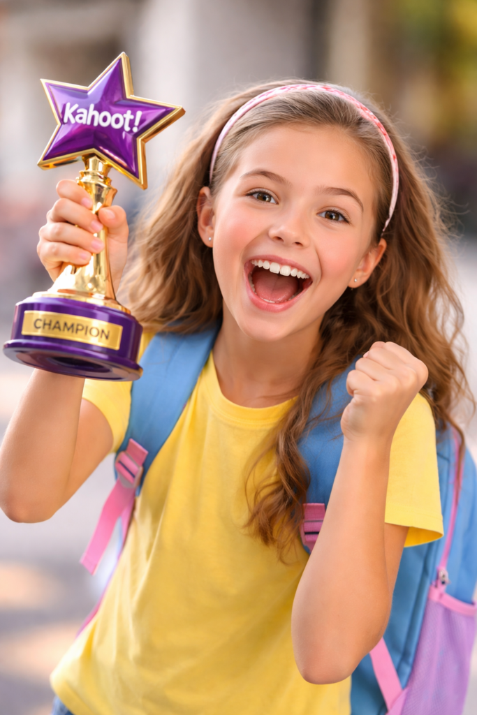 a girl is holding kahoot award